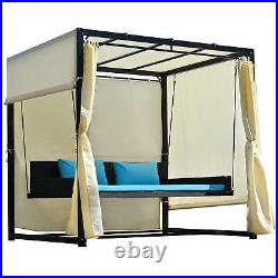 2-3 People Outdoor Swing Bed, Patio Rattan Swing Bench with Adjustable Curtains