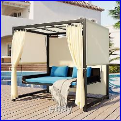 2-3 People Outdoor Swing Bed, Patio Rattan Swing Bench with Adjustable Curtains