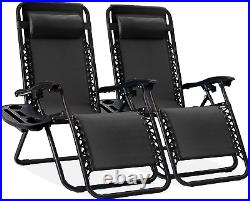 2 Adjustable Steel Mesh Lounge Chair Recliners WithPillows and Cup Holder Trays