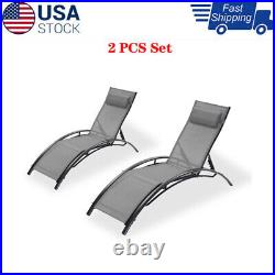 2 PCS Pool Rattan Wicker Chaise Lounge Chair Outdoor Patio Sun Bed Grey Recliner