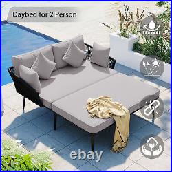 2 Person Outdoor Patio Daybed, Woven Nylon Rope Backrest -Washable Cushions