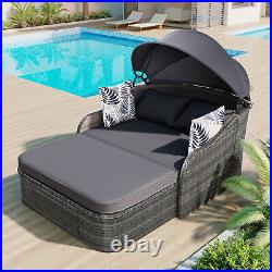 Double Chaise Lounge Chair Outdoor Patio Sun Bed Recliner WithCanopy +Gray Cushion