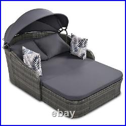 Double Chaise Lounge Chair Outdoor Patio Sun Bed Recliner WithCanopy +Gray Cushion