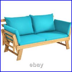 HONEY JOY Sofa Bed Folding Patio Acacia Wood Convertible Couch Turquoise Cushion