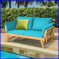 HONEY JOY Sofa Bed Folding Patio Acacia Wood Convertible Couch Turquoise Cushion