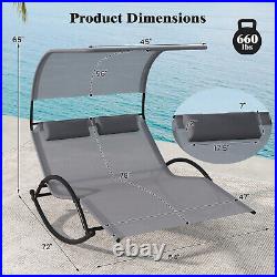 Outdoor Dual Rocker Sunbed 2-Person Canopied Lounger with 2 Detachable Headrests