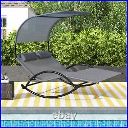 Outdoor Dual Rocker Sunbed 2-Person Canopied Lounger with 2 Detachable Headrests