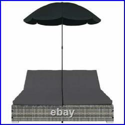 Outdoor Lounge Bed With Umbrella Rattan Cushioned Patio Garden Chaise Seating NEW