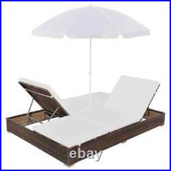 Outdoor Lounge Bed with Umbrella Poly Rattan Brown Umbrella Sun Patio Furniture