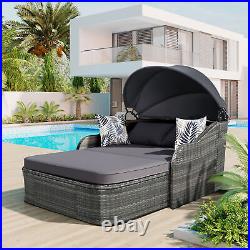 Outdoor Patio Furniture Set Rattan Daybed Sunbed Retractable Canopy Free Pillows