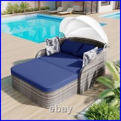 Outdoor Patio Sun Bed Recliner Double Chaise Lounge Chair with Canopy & 4 Pillows