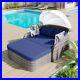 Outdoor Patio Sun Bed Recliner Double Chaise Lounge Chair with Canopy & 4 Pillows