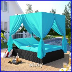 Outdoor Patio Wicker Sunbed Daybed Poolside Chaise Lounge WithCushions Canopy Blue