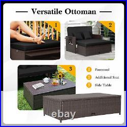 Patio Adjust Rattan Loveseat Set Daybed Lounge Storage Ottoman Side Tables Black