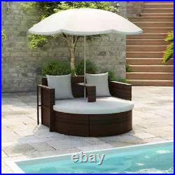 Patio Bed with Parasol Brown Poly Rattan