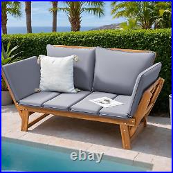 Patio Convertible Couch Sofa Bed with Adjustable Armrest, Acacia Wood Outdoor Da