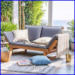 Patio Convertible Couch Sofa Bed with Adjustable Armrest, Acacia Wood Outdoor Da