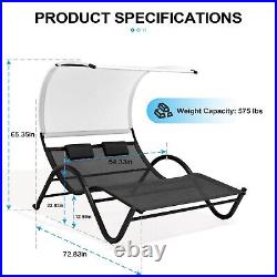 Patio Double Chaise Lounge Hammock Bed Loveseat with Sun Shade Canopy Wheels