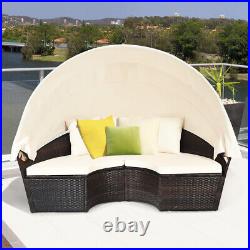 Patio Rattan Daybed Cushioned Sofa Adjustable Table Top Canopy With3 Pillows