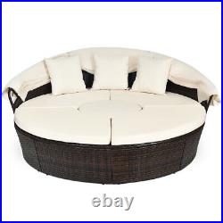 Patio Rattan Daybed Cushioned Sofa Adjustable Table Top Canopy With3 Pillows