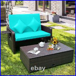 Patio Rattan Loveseat Set Daybed Lounge Storage Ottoman Side Tables Adjust