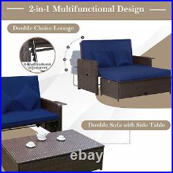 Patio Rattan Loveseat Set Daybed Lounge Storage Ottoman Side Tables Adjust Navy