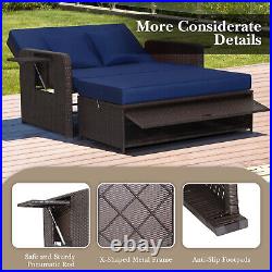 Patio Rattan Loveseat Set Daybed Lounge Storage Ottoman Side Tables Adjust Navy