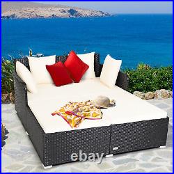 Patiojoy Outdoor Patio Rattan Daybed Pillows Cushioned Sofa Garden Beige