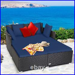 Rattan Daybed Pillows Cushioned Sofa Outdoor Patio Relaxation Furniture Navy