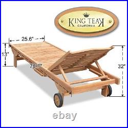 Teak Sun Bed Lounger 4-Position Backrest Pull-out Tray & Wheels forOutdoor Patio