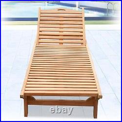 Teak Sun Bed Lounger 4-Position Backrest Pull-out Tray & Wheels forOutdoor Patio